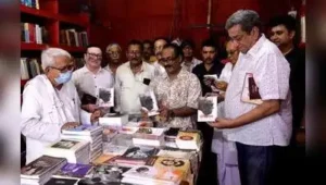 CPM veteran Biman Bose opens a book stall at Jadavpur on Tuesday