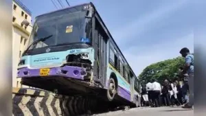Chennai: An MTC bus went out of control and rammed nine parked cars before mounting the median