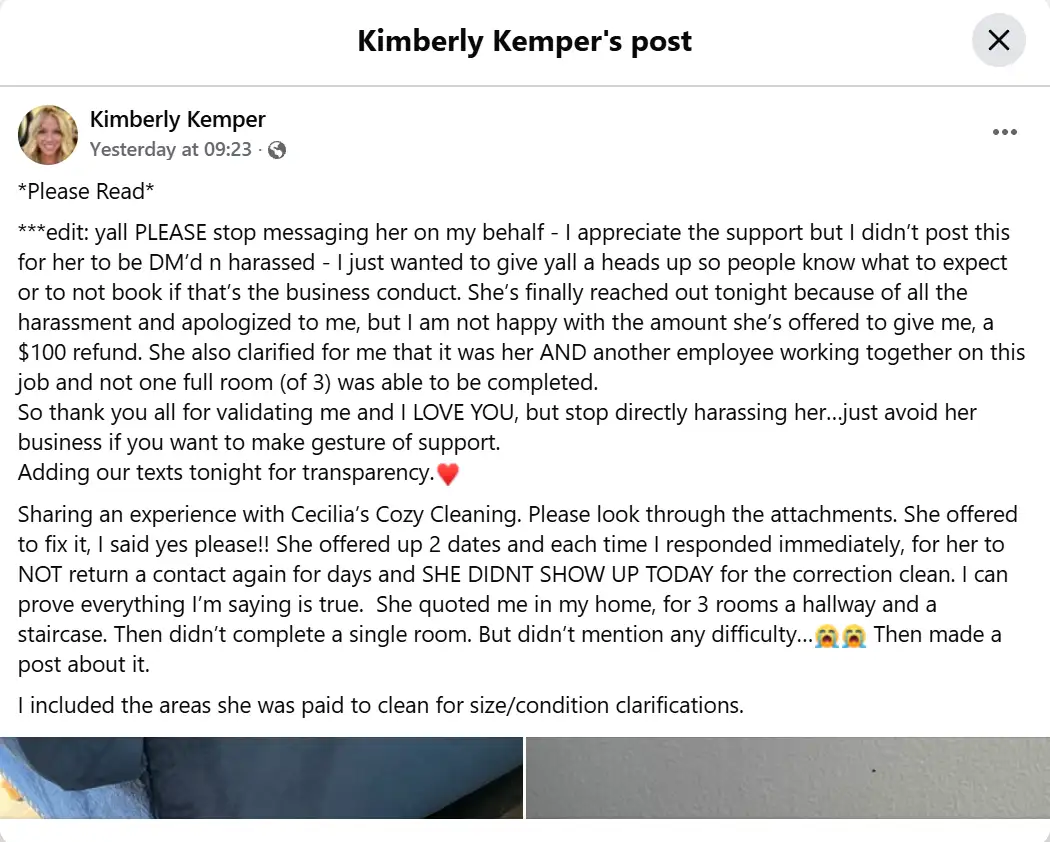 Michigan woman Kimberly Kemper seeks a $250 refund after claiming a $350 deep clean left