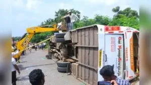 Four women were killed and 15 others injured when a private bus carrying around 52 people