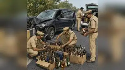 An SUV allegedly transporting liquor overturned near the Chharodi AMTS bus stand on SG Highway