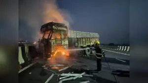 A firefighter douses a truck after a tyre burst triggered a blaze on Samruddhi Expressway