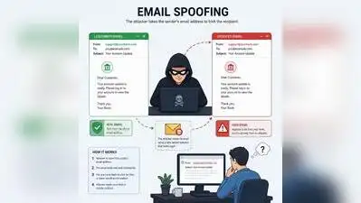 Animated illustration showing a hacker spoofing an email address to launch a phishing attack