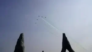 Under the ongoing show over Ganga, the flypast unfolds as a sequence of symbolic aerial