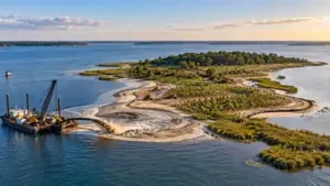 Around 60,000 cubic yards of sediment were eventually used to raise and rebuild approximately