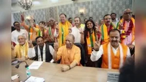 CM Yogi Adityanath, Dy CM Keshav Maurya, UP BJP chief Pankaj Chaudhary, minister Suresh Khanna
