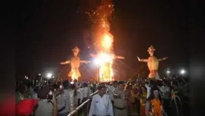 Amid colourful fireworks, a 70-foot effigy of Ravan, a 65-foot effigy of Kumbhakarna
