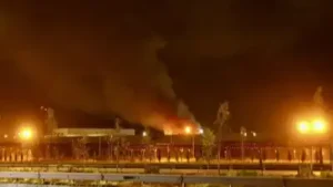 Fire and smoke rise near King Fahd International Airport in Dammam, Saudi Arabia