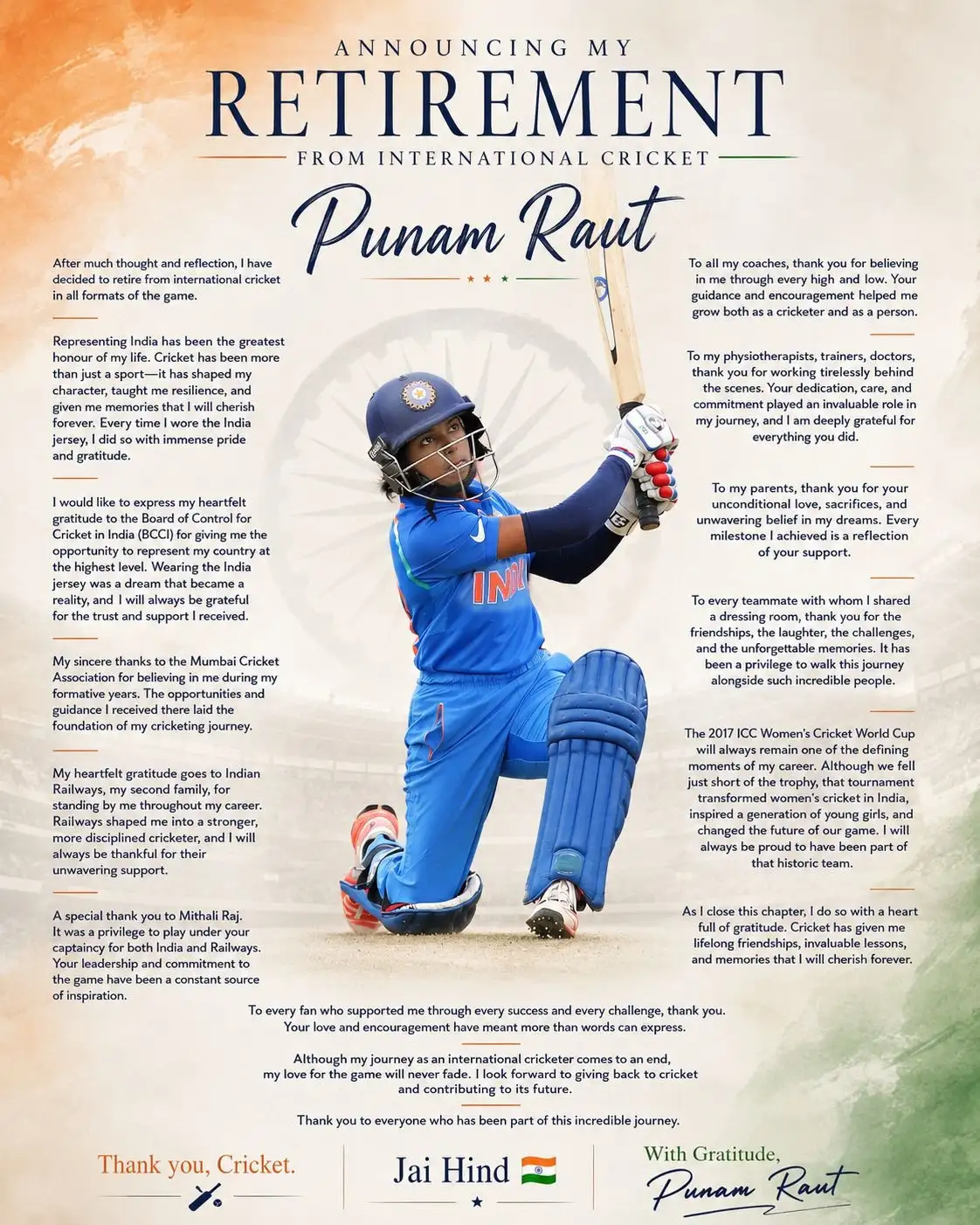 Poonam Raut 86 Because she had stopped wanting to play for India, when Raut announced