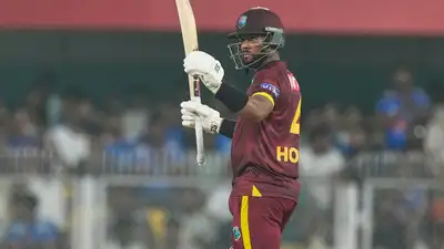 West Indies' captain Shai Hope celebrates his century (AP Photo)