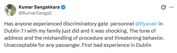 Former Sri Lanka captain Kumar Sangakkara has alleged that Ryanair staff threatened