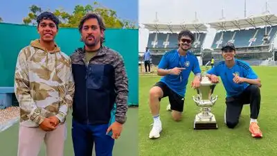 (L) Shikhar Mohan with former India captain MS Dhoni in Ranchi; Mohan with Ishan Kishan