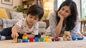 Some toddlers line up toys as a way of exploring patterns, order and repetition