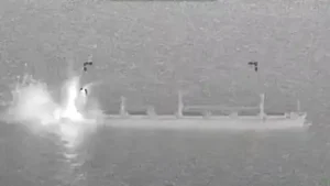 US fighter jet strikes cargo ship in Gulf of Oman as Iran blockade tightens