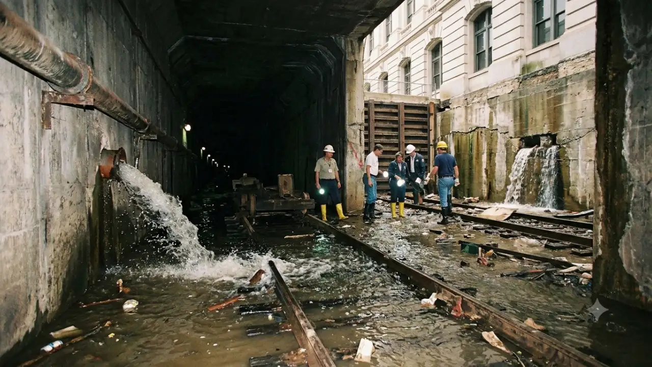 In 2000, a broken water main flooded an abandoned Dallas rail tunnel; the disaster damaged two