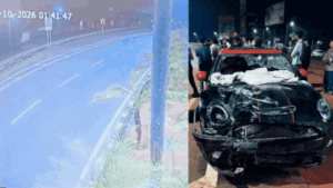 CCTV footage revealed a Mini Cooper colliding with a scooter, resulting in the immediate deaths