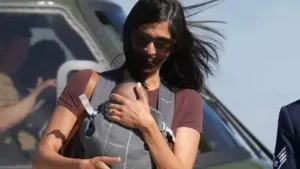 The everyday physical challenges of caring for a newborn — Usha Vance nearly trips while