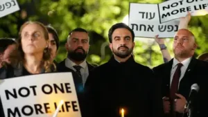 New York City mayor Zohran Mamdani attends a vigil marking the third anniversary of the October