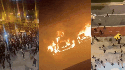 At least six cars, several rubbish containers and a municipal police motorcycle were damaged