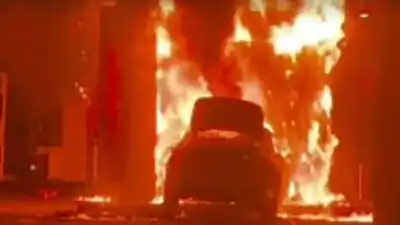 Massive fire erupts after Jaguar car rams fuel station in Bengaluru
