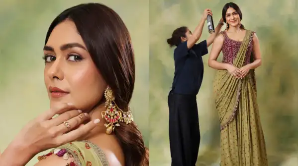 Mrunal’s pairing of an olive green saree with a beautifully embroidered burgundy blouse proved