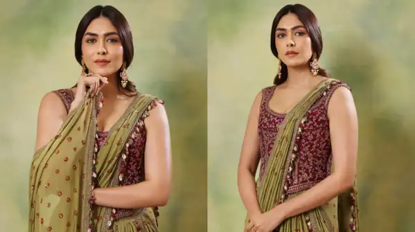 Mrunal’s pairing of an olive green saree with a beautifully embroidered burgundy blouse proved