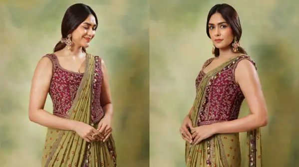 Mrunal’s pairing of an olive green saree with a beautifully embroidered burgundy blouse proved