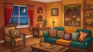 Think mocha brown walls, peacock teal cushions, peach-toned corners and carefully placed