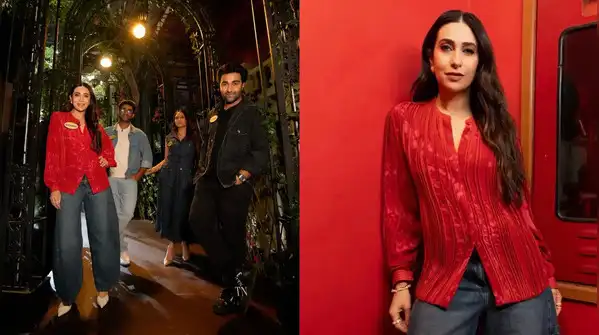 Karisma Kapoor makes a case for red satin shirts and baggy jeans, and we're taking notes