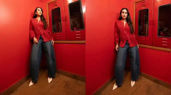 Karisma Kapoor makes a case for red satin shirts and baggy jeans, and we're taking notes