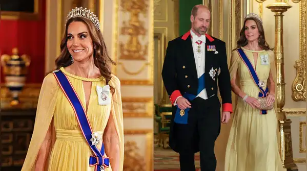 Dressed in a butter yellow Elie Saab gown and Queen Mary’s Lover’s Knot tiara, the Princess