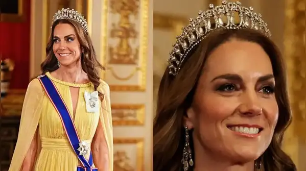 Dressed in a butter yellow Elie Saab gown and Queen Mary’s Lover’s Knot tiara, the Princess
