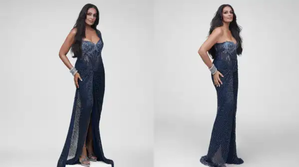 Bipasha Basu looked amazing in a midnight blue Gaurav Gupta saree gown, combining the beauty