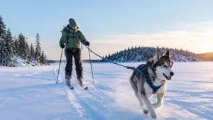 A skier skijors with a dog across a frozen lake in a snowy northern: The wider industry impact