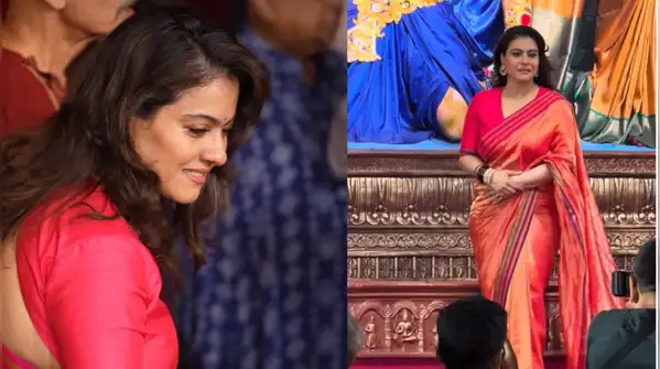 Kajol brings the orange fever to Mukherjee Bari Pujo with her Maha Shashthi saree look — Durga Puja