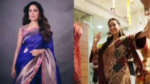 Yami went for a royal blue saree designed by Manish Malhotra for her first ensemble