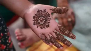 “Create a graceful Navratri mehendi design for both hands featuring detailed lotus flowers