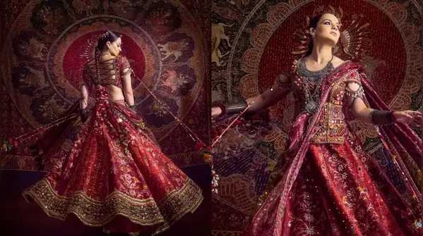 Kangana Ranaut went all out with a richly printed lehenga, chunky oxidised jewellery
