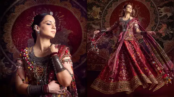 Kangana Ranaut went all out with a richly printed lehenga, chunky oxidised jewellery