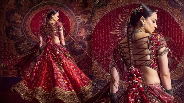 Kangana Ranaut went all out with a richly printed lehenga, chunky oxidised jewellery