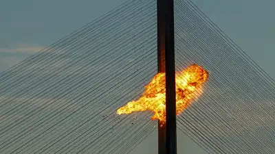 A Russian jet powered drone strikes on one of Kyiv's bridges, amid Russia's attack on Ukraine