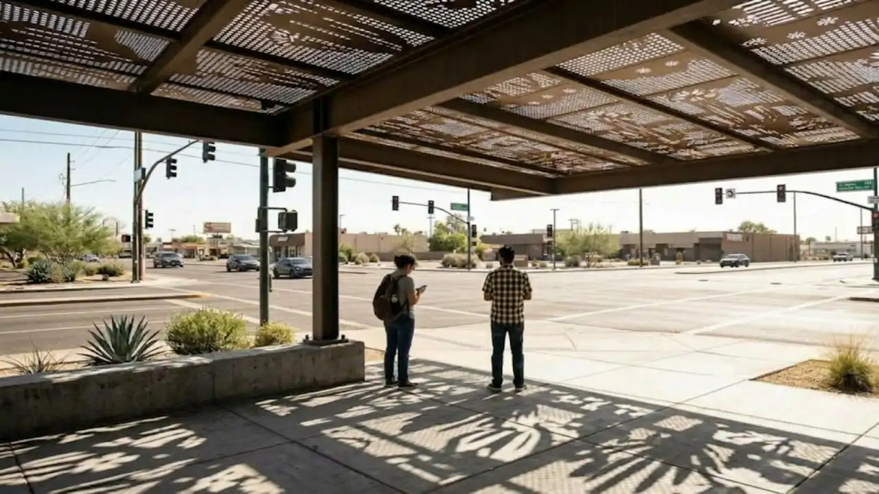 AI-generated representative image showing a desert-inspired shade canopy giving pedestrians