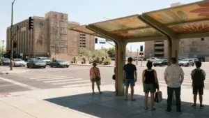 AI-generated representative image showing a desert-inspired shade canopy giving pedestrians