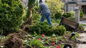 An Indiana homeowner chopped down shrubs, trampled tulips and tore up landscaping lights