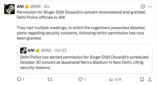 Delhi Police on Friday granted permission for singer Diljit Dosanjh's October 30 concert