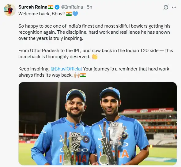Former India batter Suresh Raina has welcomed Bhuvneshwar Kumar ’s return to the Indian T20I