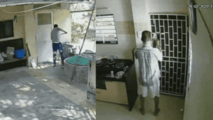 Frightened by the commotion, the father rushed to secure the door, but the son allegedly