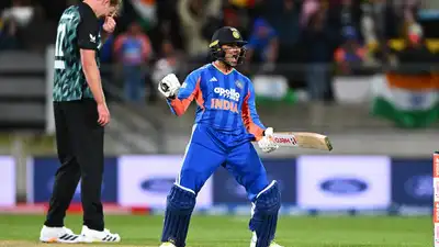 India's Abhishek Sharma celebrates his hundred (AP/PTI)