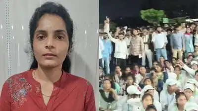 Workers at Tata Electronics protested after the death of their colleague Sreemanthi (L), who