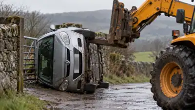 In 2021, a car with two flat tires blocked a County Durham farmer's gate; he flipped it